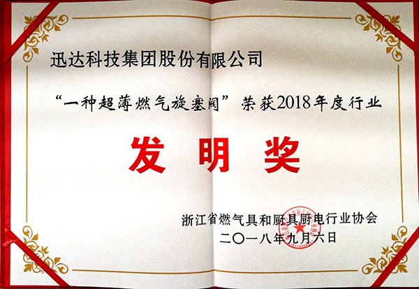 “ 一種超薄燃?xì)庑y ” 榮獲2018年度行業(yè)發(fā)明獎(jiǎng)